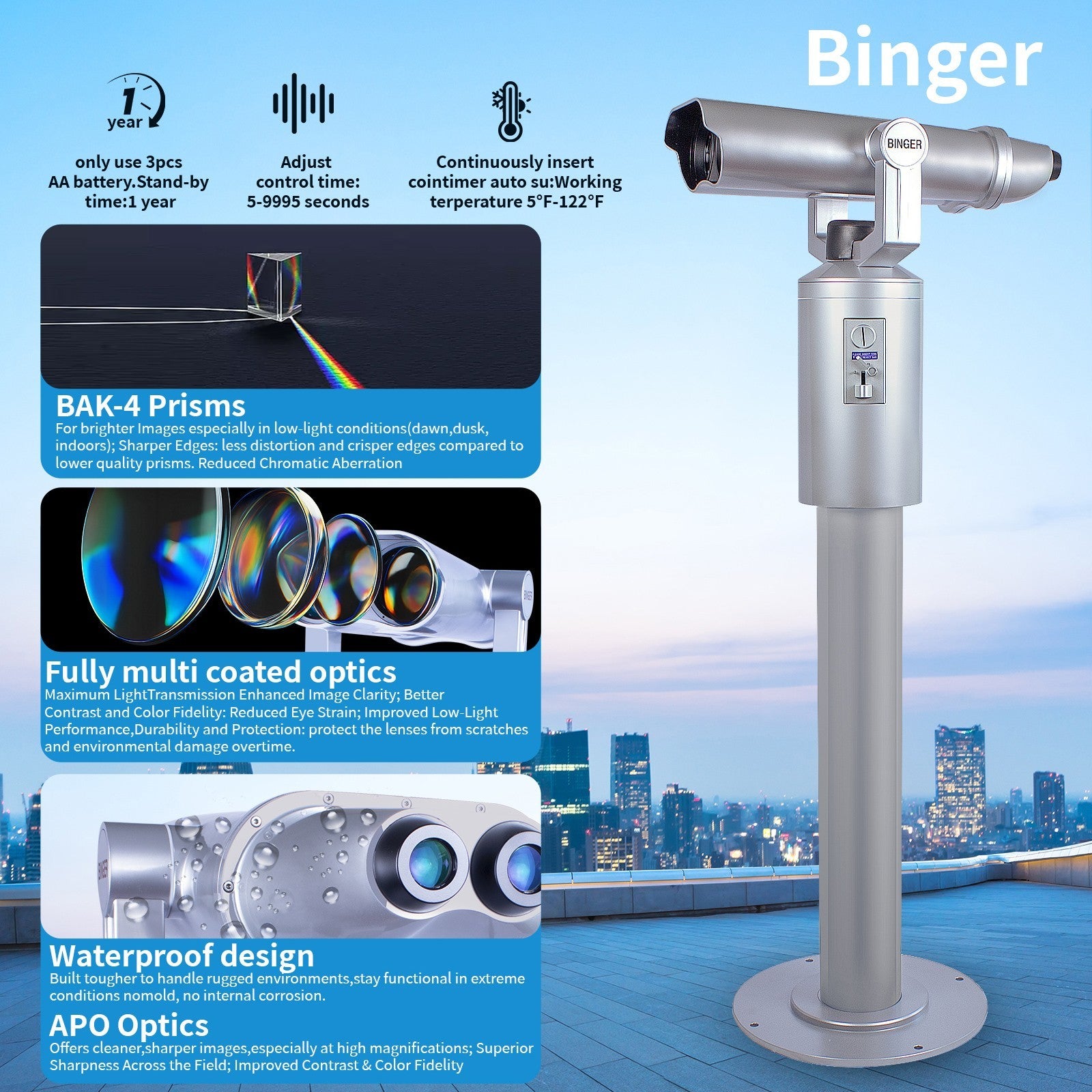 Binger 25x100 Binoculars mechanical coin-operated binoculars 100% waterproof.