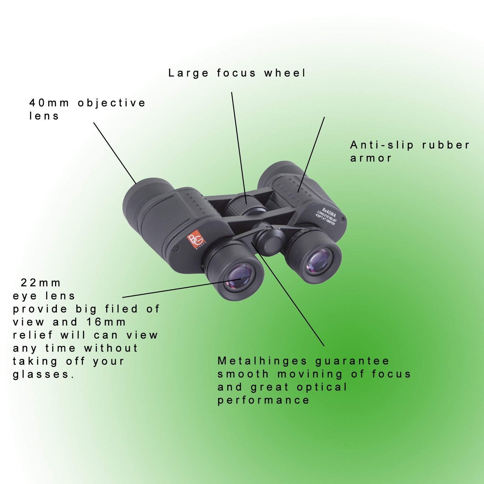 Binger long eye relief 8x40 binoculars 8x power 40mm objective Metal body