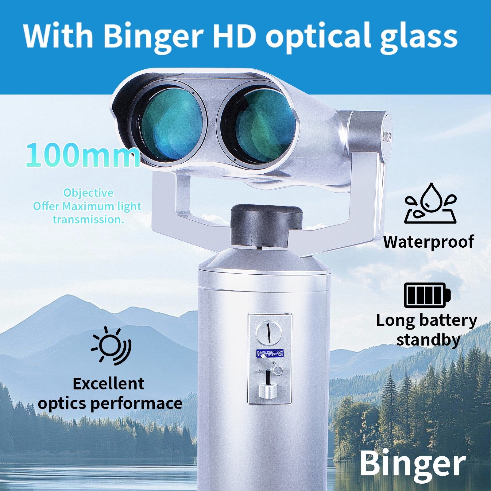 Binger 25x100 Binoculars mechanical coin-operated binoculars 100% waterproof.