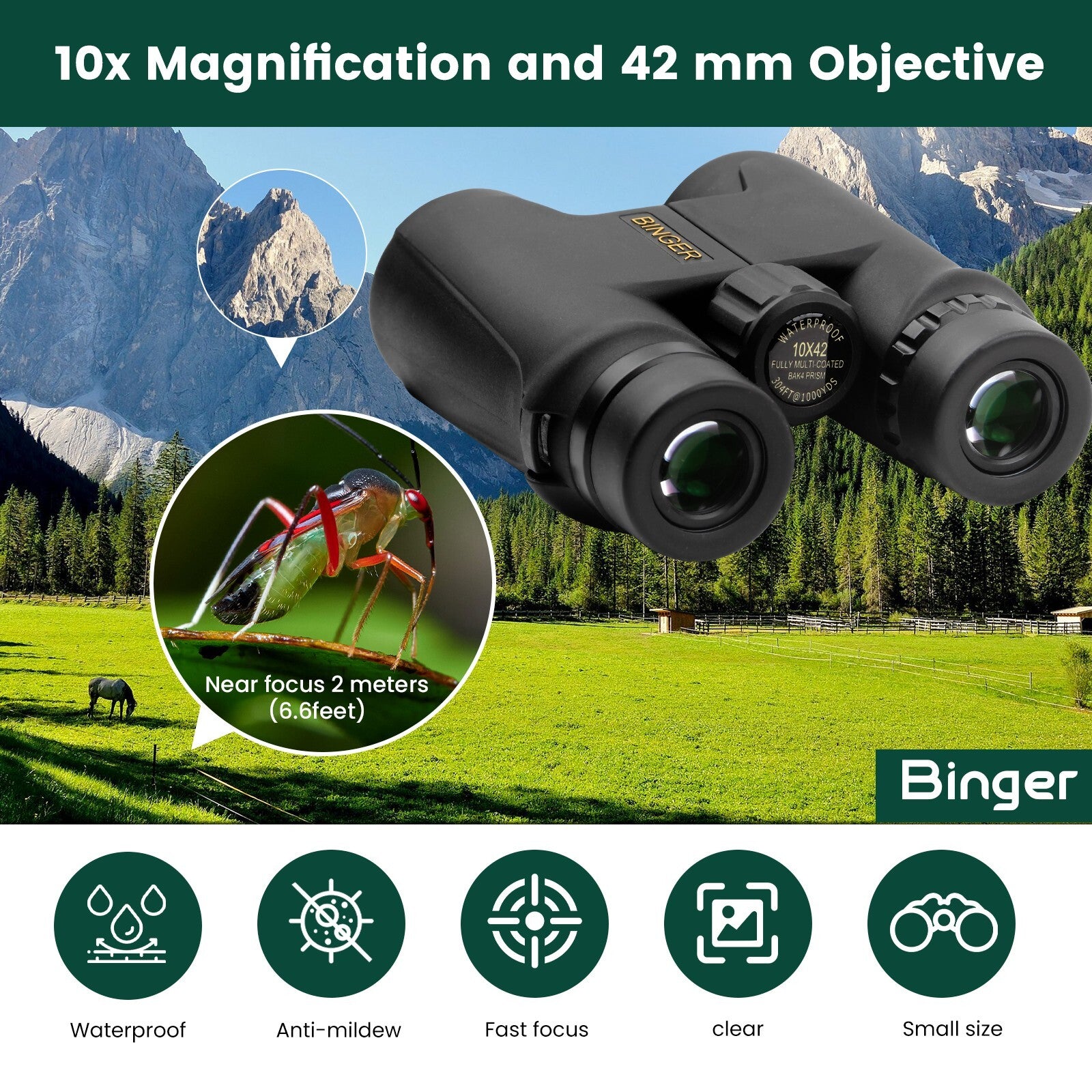 Binge10x42 waterproof binocular hunting, birdwatching, comping, hiking, o ring
