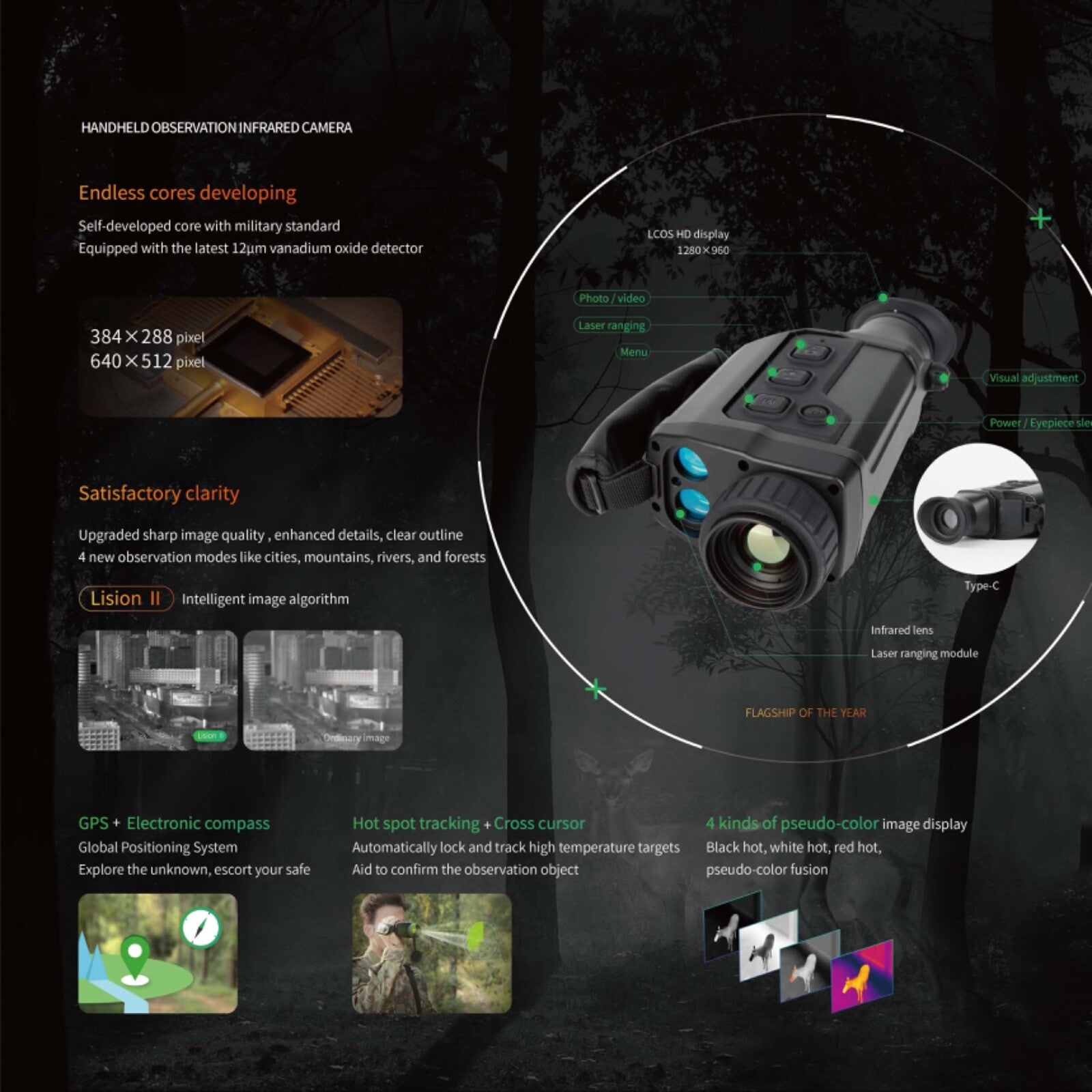 Thermal monocular GPS digital compass HD display Wi-Fi 32G built-in storage Cros