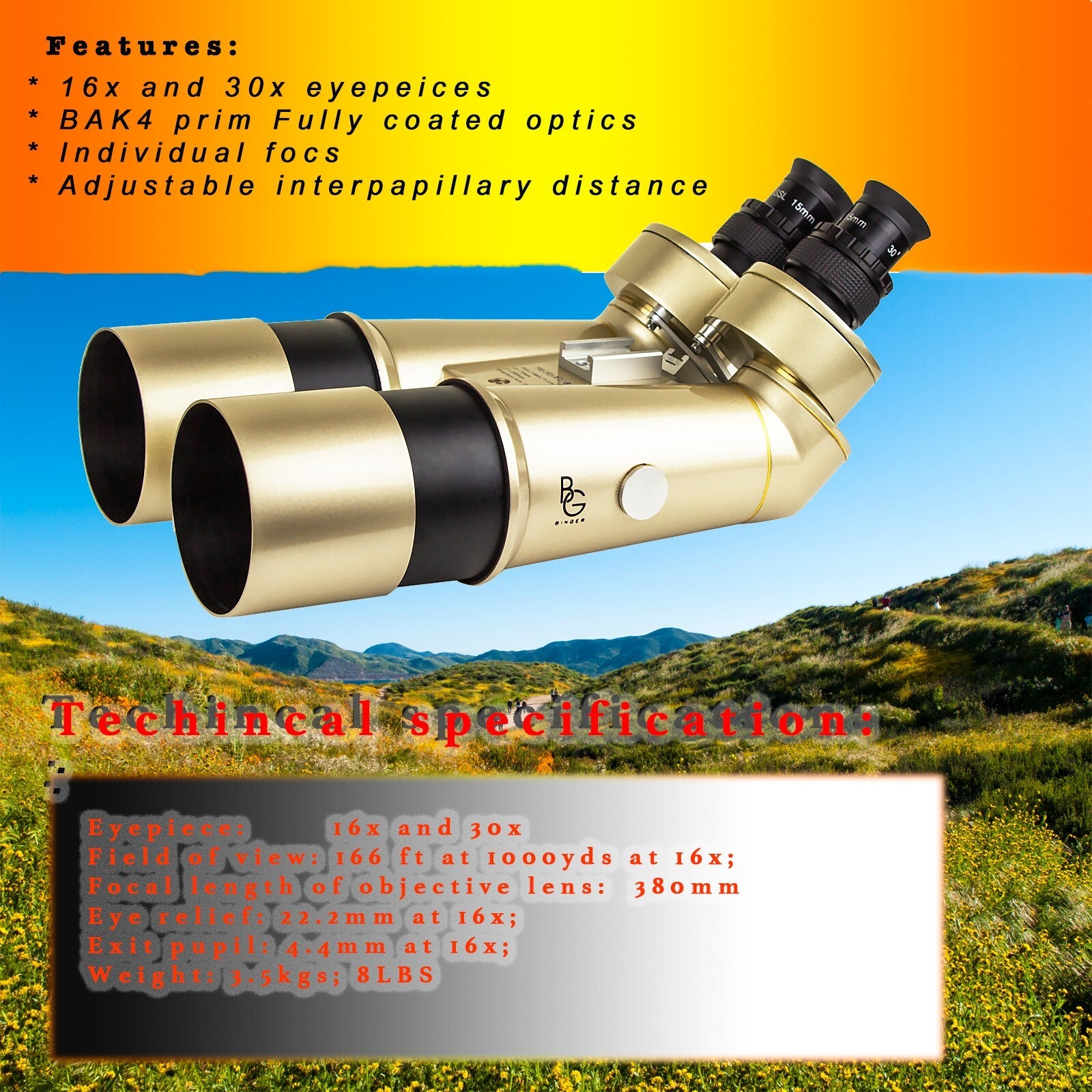 Binger 16/30X100 380 mm astronomical binoculars   BAK 4 prism  1.25'' eyepieces