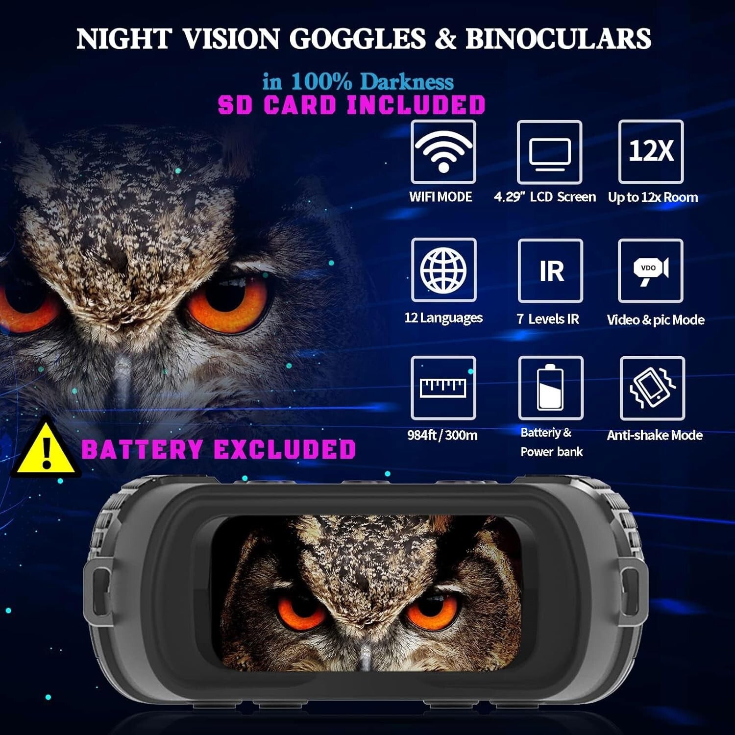 Night Vision Goggles with WiFi, 4.29'' Lage LCD Screen Night Vision Binoculars
