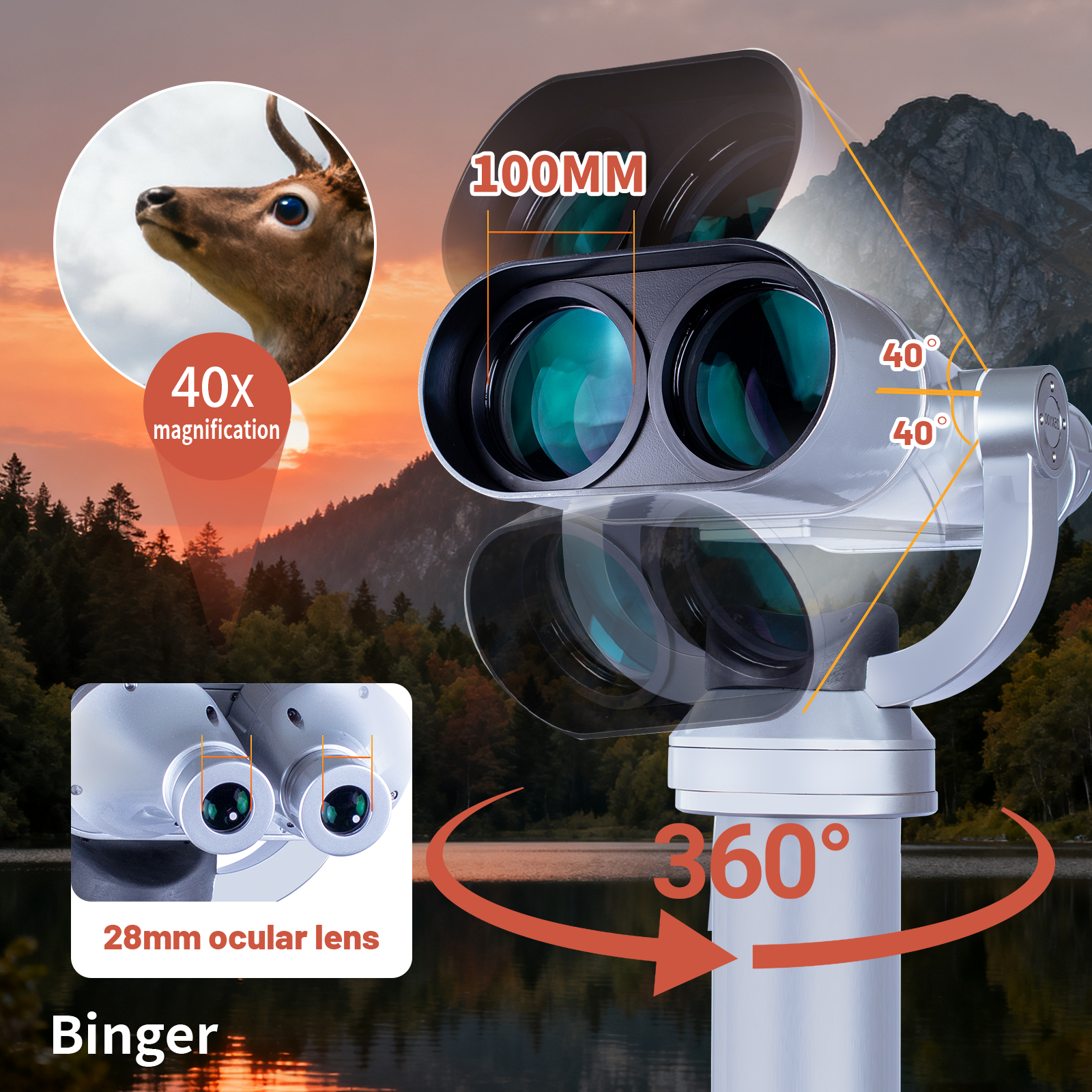 Binger 40x100 Giant Binoculars with Metal Stand Focus-Free APO Optics BAK-4