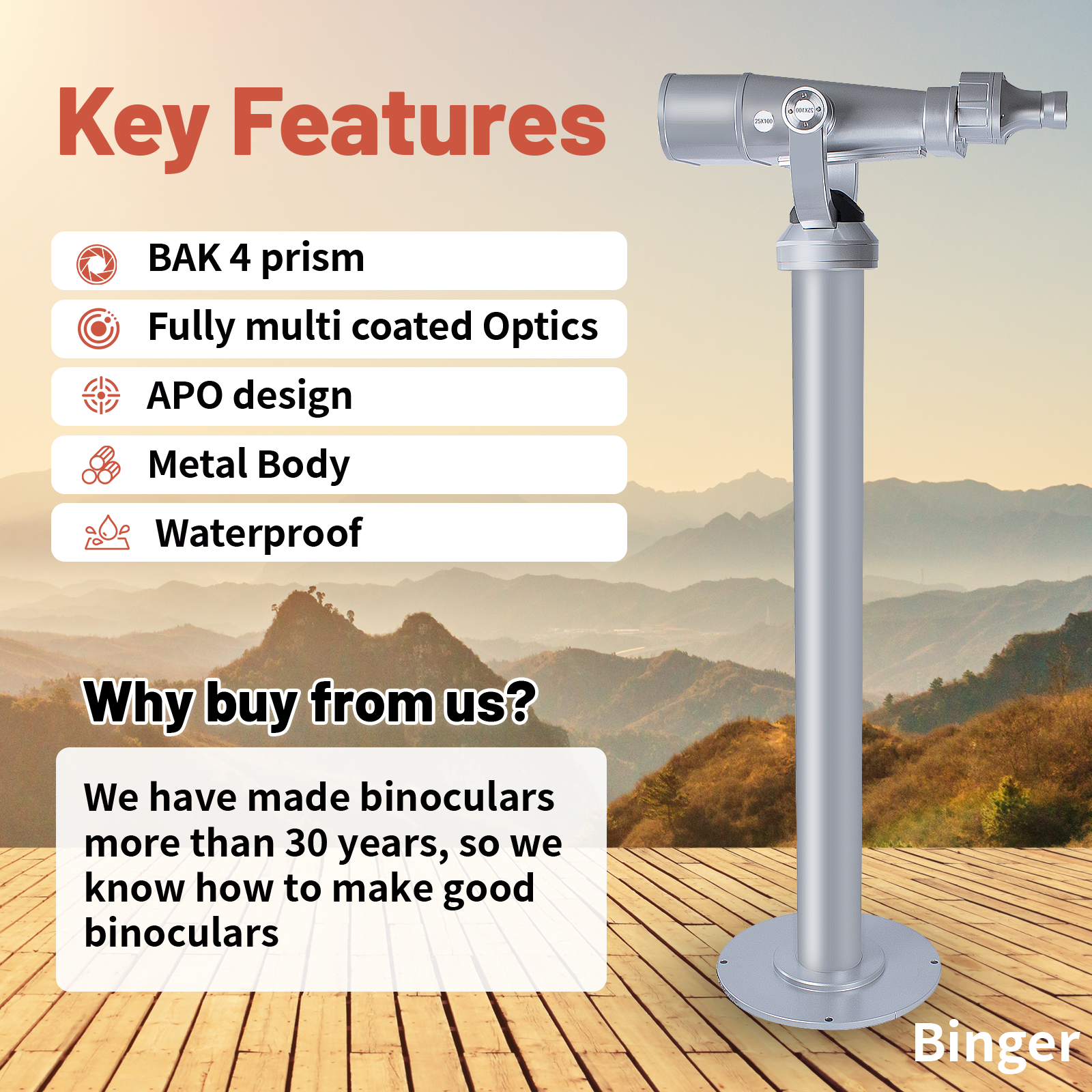 Binger 40x100 Giant Binoculars with Metal Stand Focus-Free APO Optics BAK-4