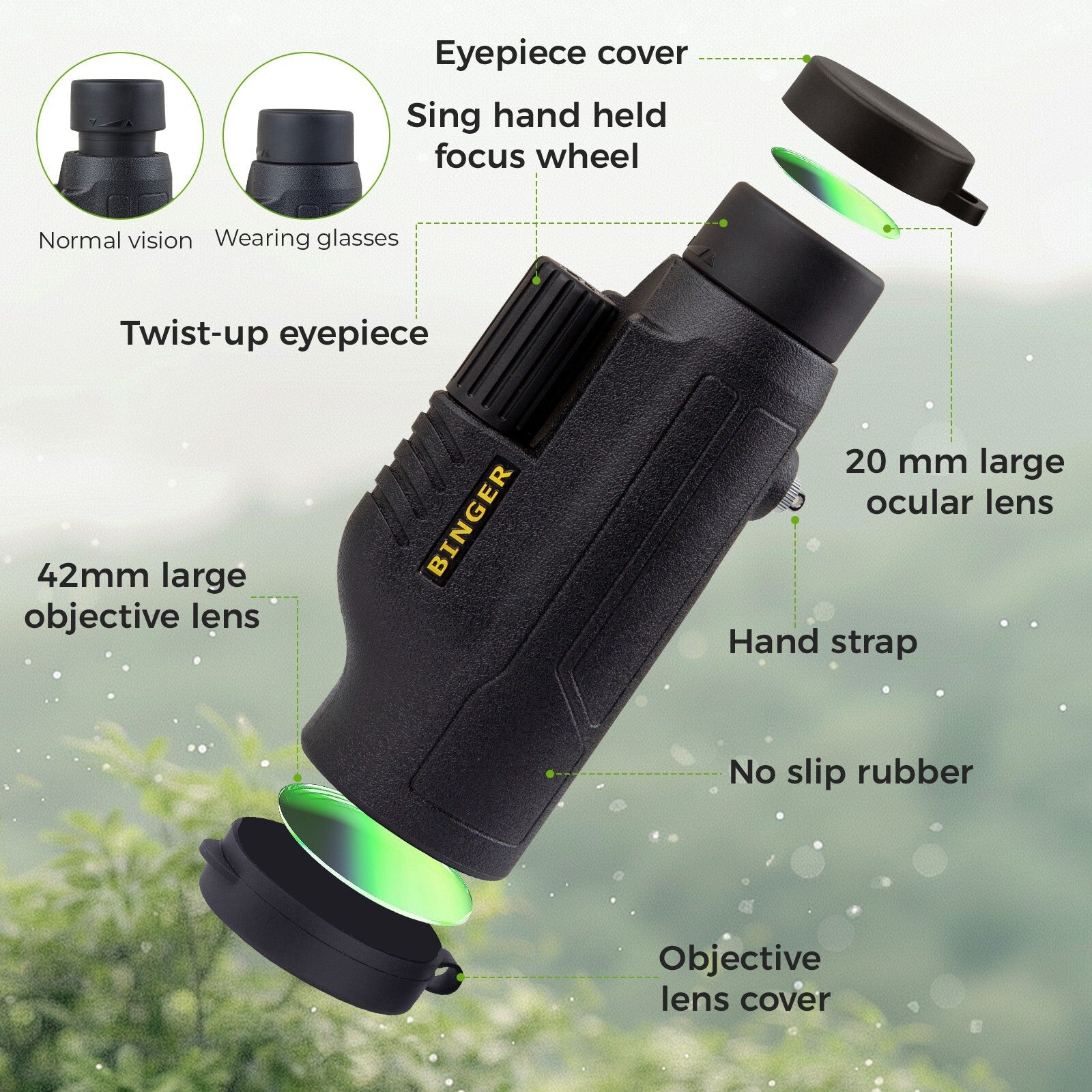 BINGER 10x42 monocular with focusing wheel for adult Birdwatching, hunting