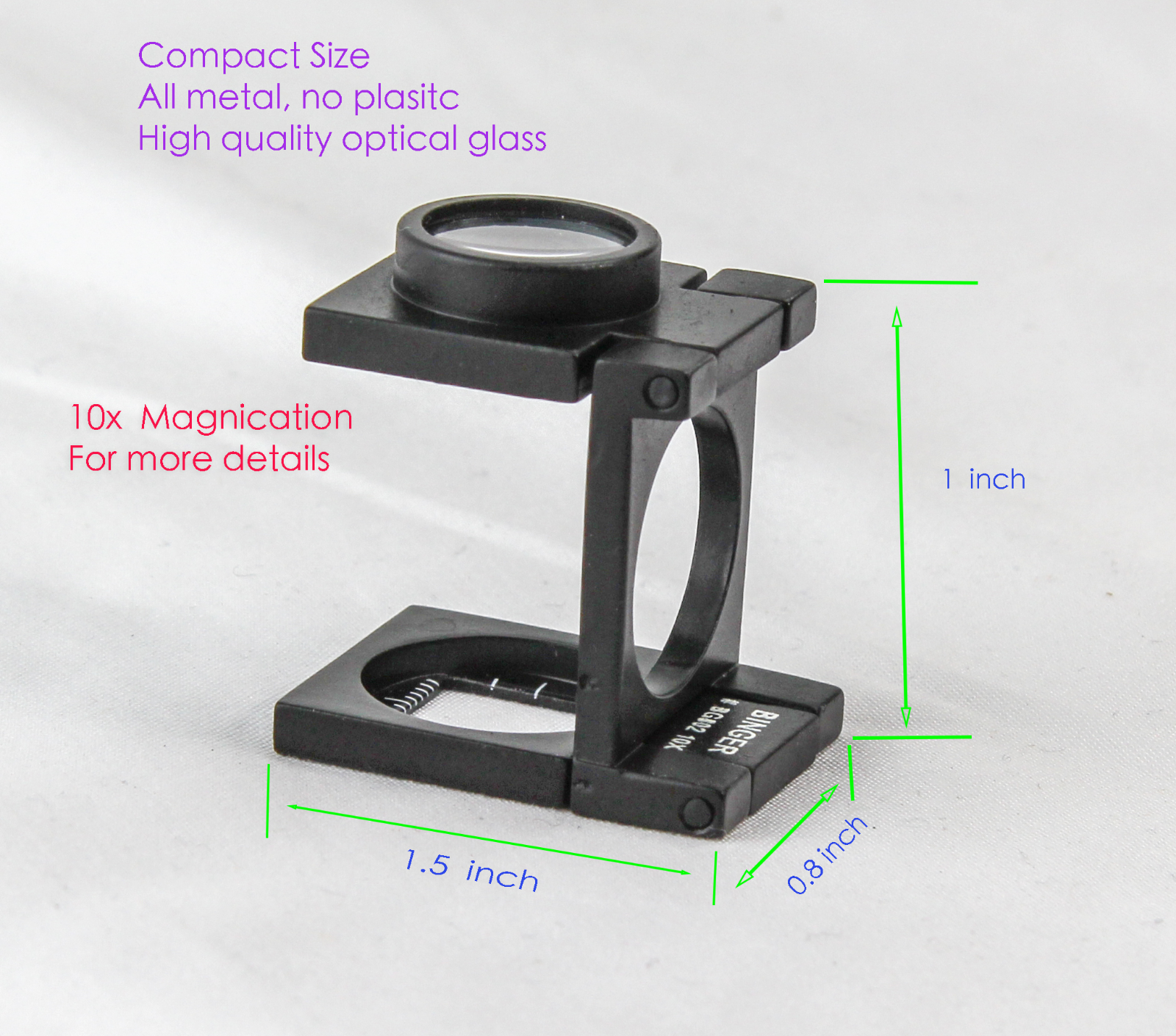 Binger  10x compact metal folding magnifier optical glass linen tester  BG802