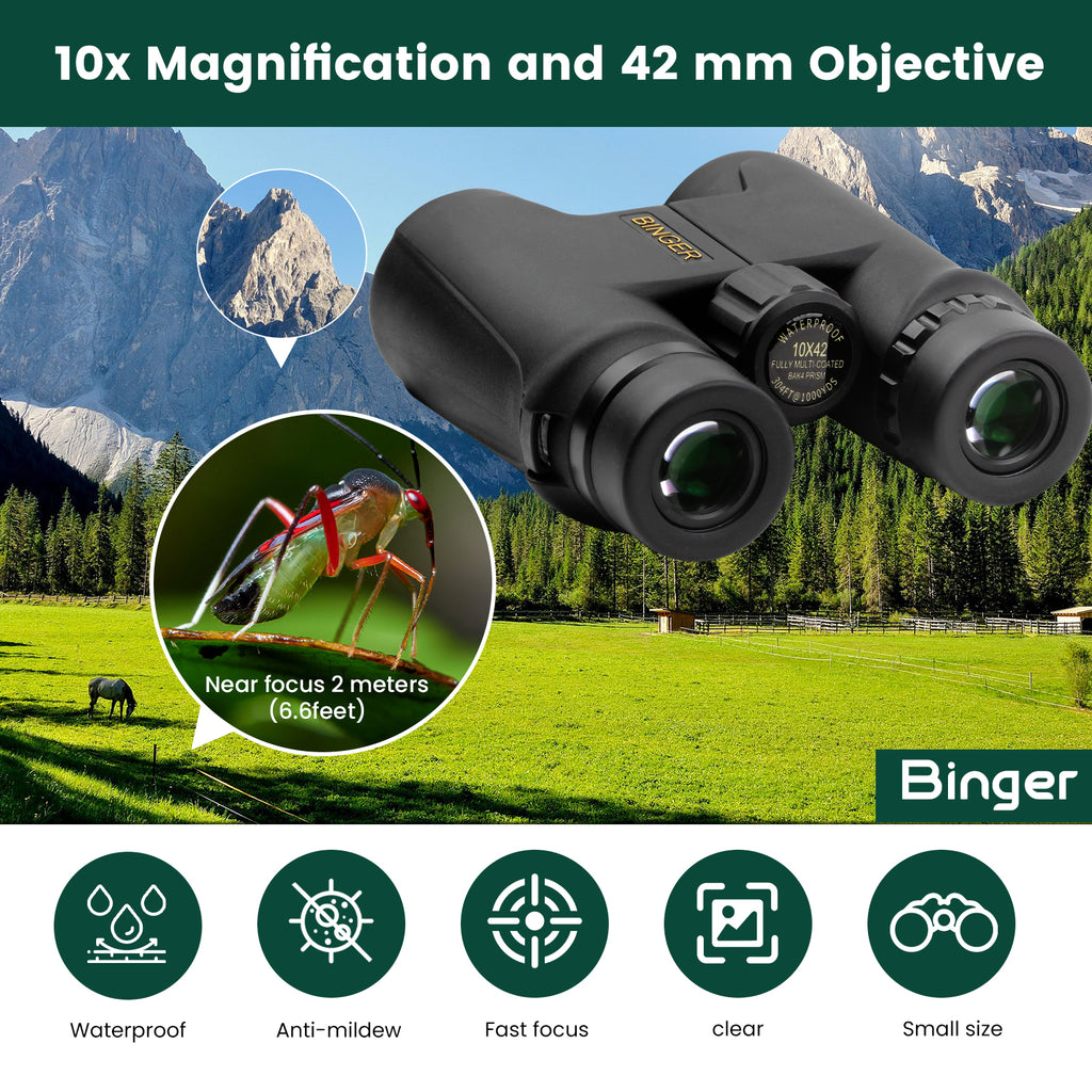 Binger 10x42 roof prism waterproof Binoculars, Nitrogen filled BAK 4 prism Fully Multi coated for hunting birdwatching